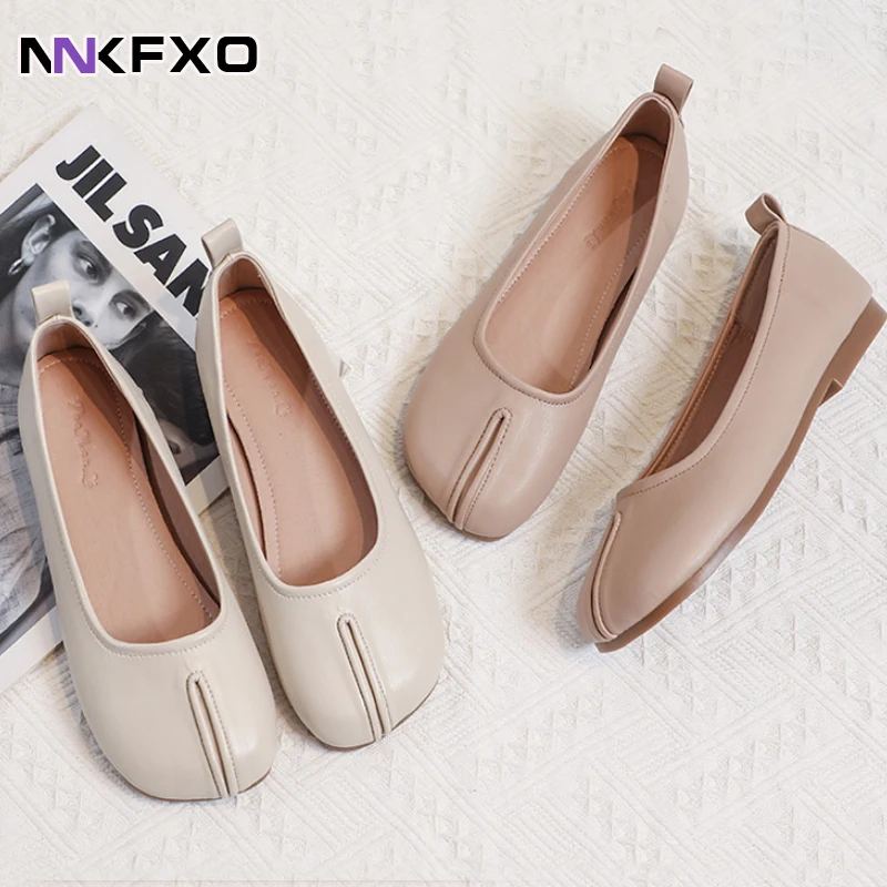

Leather Loafers Woman Casual Split Toe Shoes Lady apricot Khaki Mules Shoes Woman Flat Walking Shoes For Women vc4347