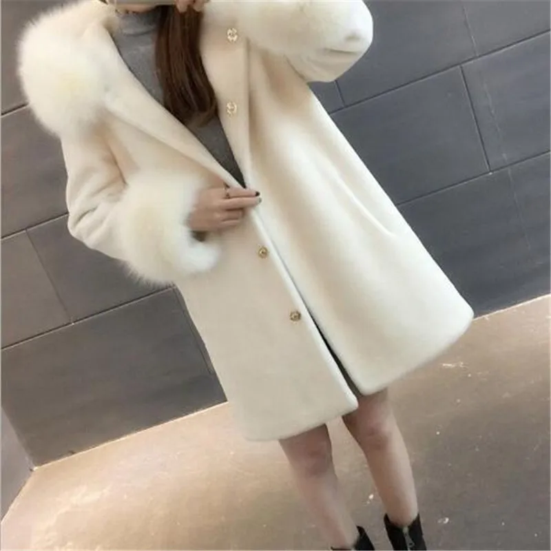 New Classic Imitation Fur Collar Hooded Women Coat White Pink Mid-length Jacket Faux Fur Fur Coat Warm Winter Women Clothing