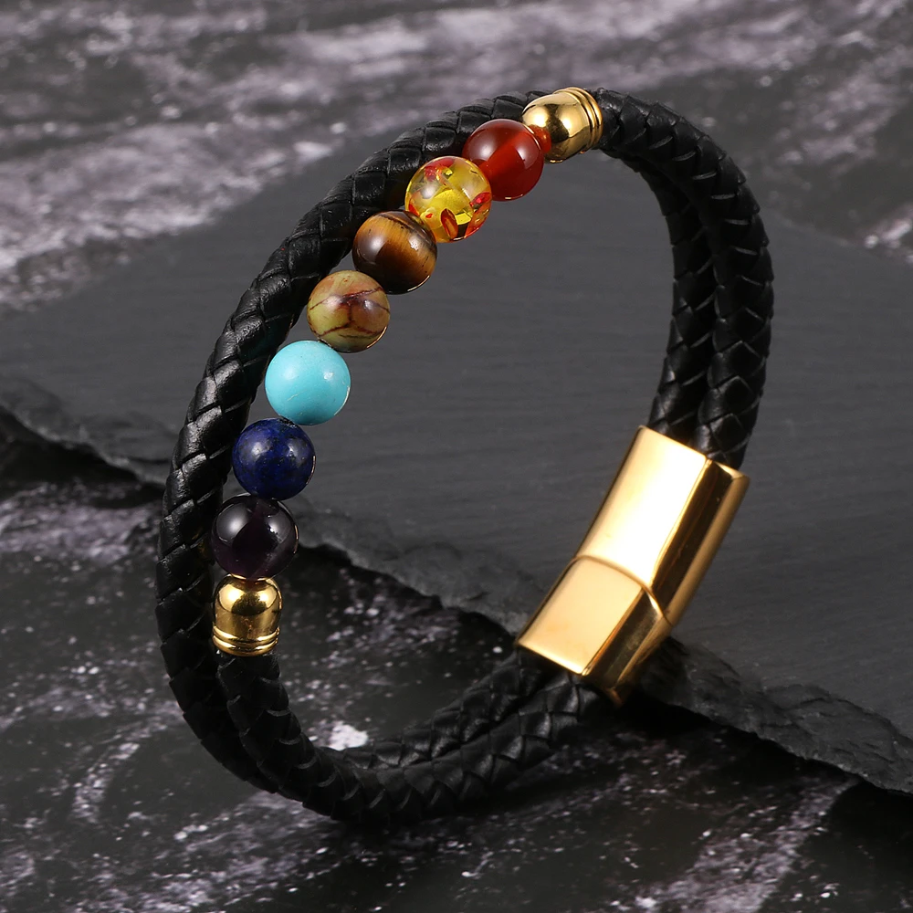 Мужские и женские браслеты из натуральной кожи 7 чакр магнитная пряжка