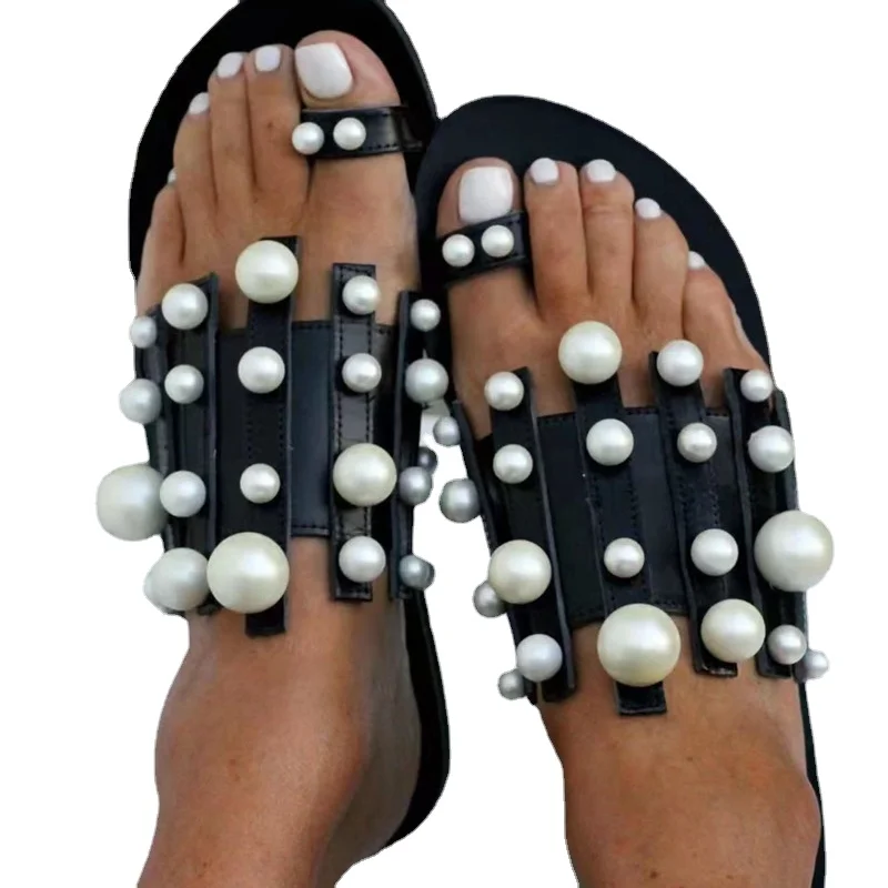 2022 Summer Women Flats Slippers Fashion Pearl Women's Sandals Casual Flip Flops Ladies Plus Size 43 Beach Slippers Female