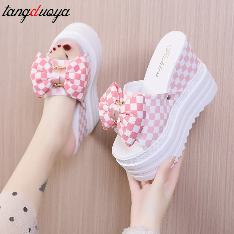 

Women Slippers Fashion Pee Toe Summer Shoes Butterfly-knot High Heels Women Slides Platform Wedges Ladies Women Shoes pink green