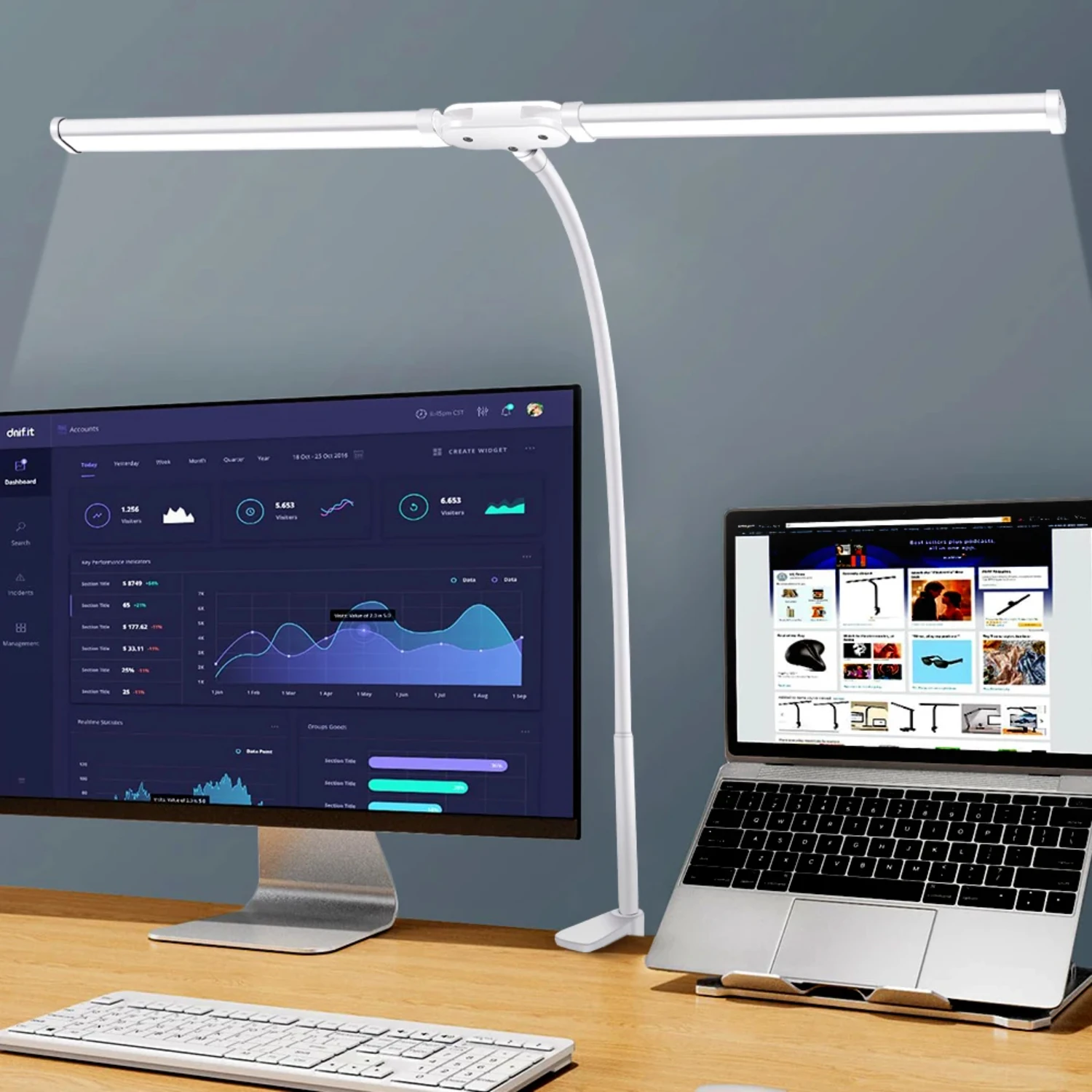 Double headed LED clip type remote control desk lamp reading desktop architectural with 5 color modes a