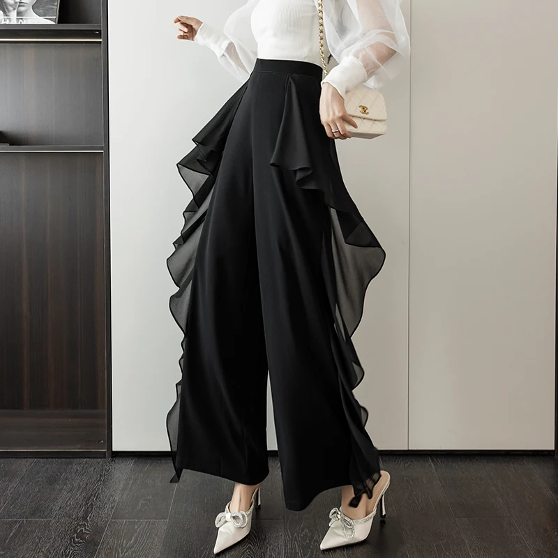 Korean Fashion Office Ladies Wear Spliced Ruffles Wide Leg Pants Women Bottoms Pant Female Chic High Waist Zipper Fly Trousers 2