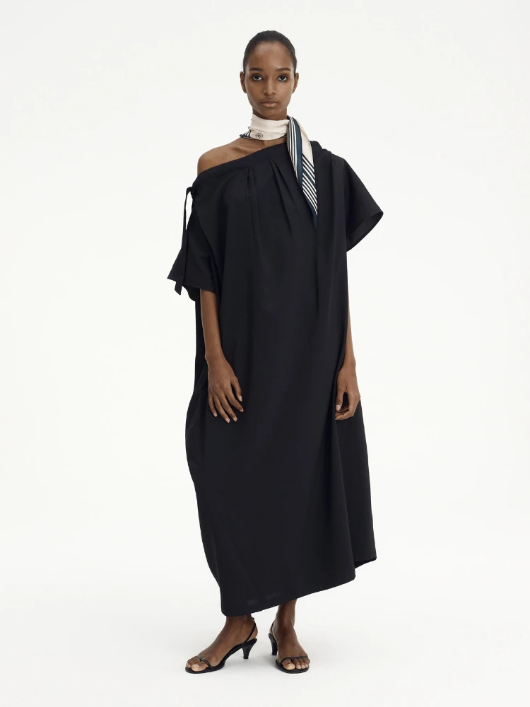 

RECTO 2022 Summer Woman Black Loose Midi Dress With Scarf Free Shipping Brand Spring New Arrive France Paris