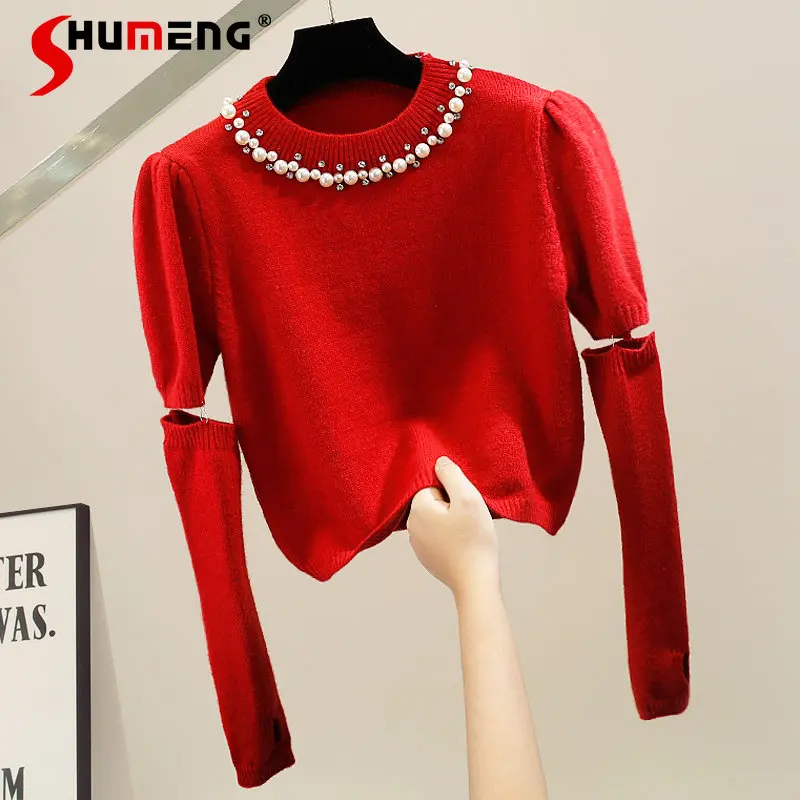 

Женский короткий пуловер с круглым вырезом и бусинами, весна 2023