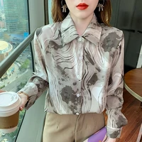 vintage printed lapel button chiffon tie dye shirt womens clothing autumn long sleeve casual tops 2022 new commute blouses