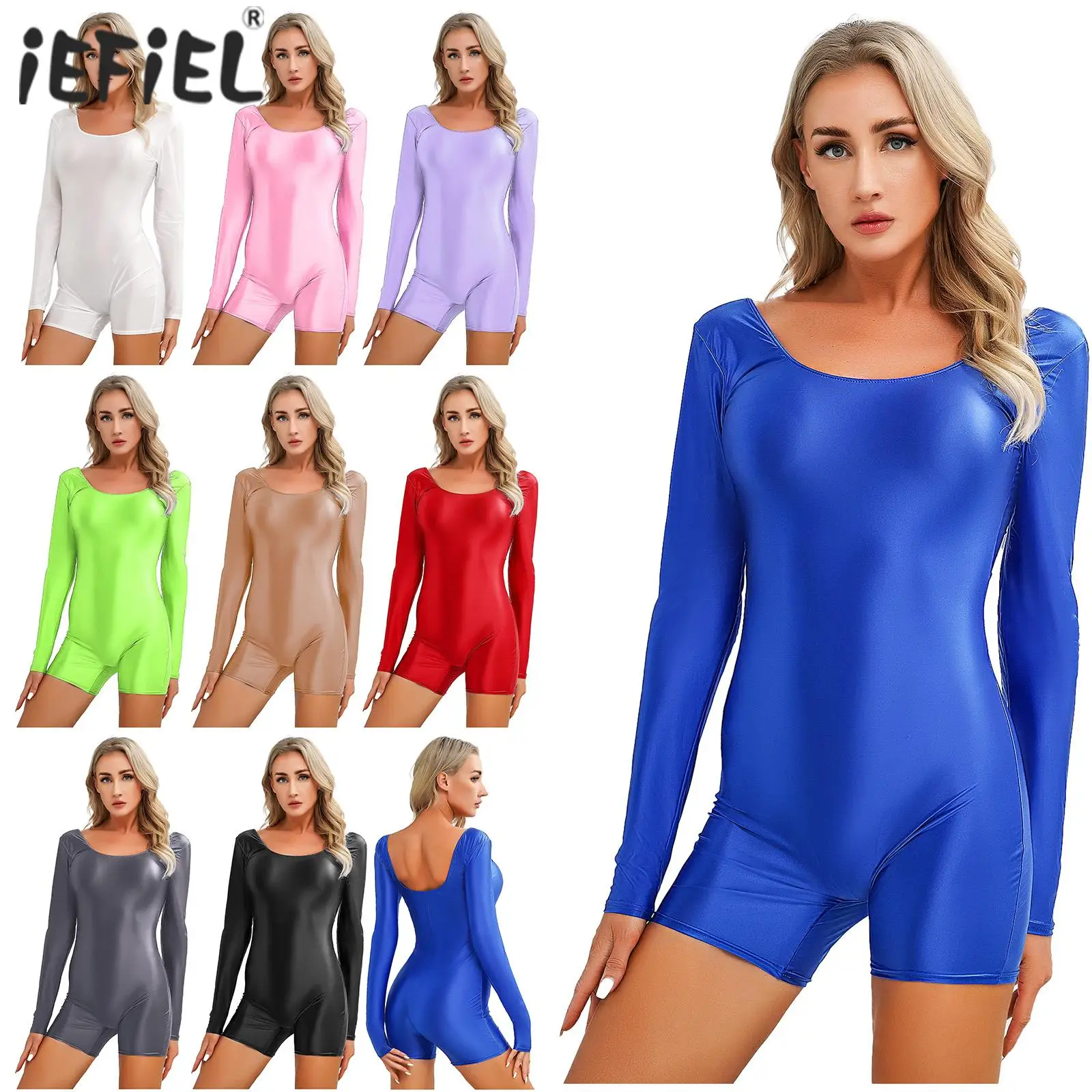 

Glossy Long Sleeve Bodysut Omens Solid Color Stretchy Round Neck Slim Fit Short Jumpsuit for Yoga Bodybuilding Exercises Workout