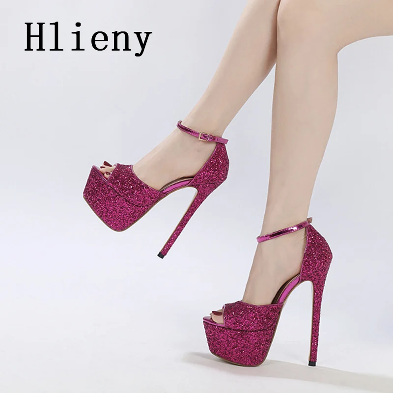 

Hlieny Sequined Cloth Peep Toe Platform Woman Sandals Fashion Buckle Strap Ultra High Heels Evening Party Dance Shoes Pumps