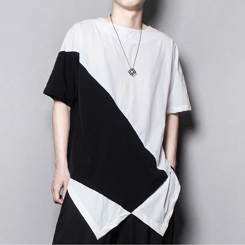 

Футболка мужская ассиметричная с коротким рукавом, свободная повседневная рубашка контрастной расцветки, с коротким рукавом, с асимметрич...