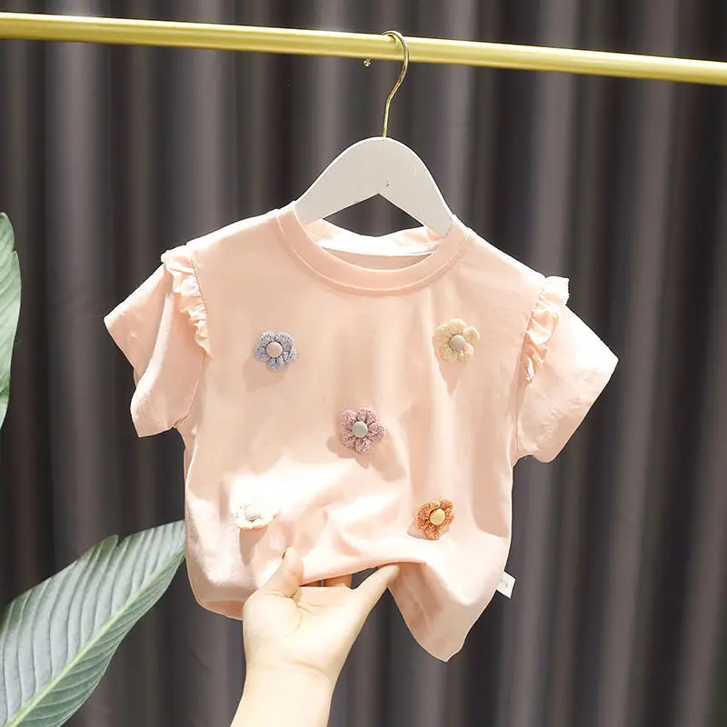 0-6Y Girls Baby Short-sleeved T-shirt Tees New Thin Section Children's Cotton Flower Top Toddler T-shirt Kids Summer Clothes