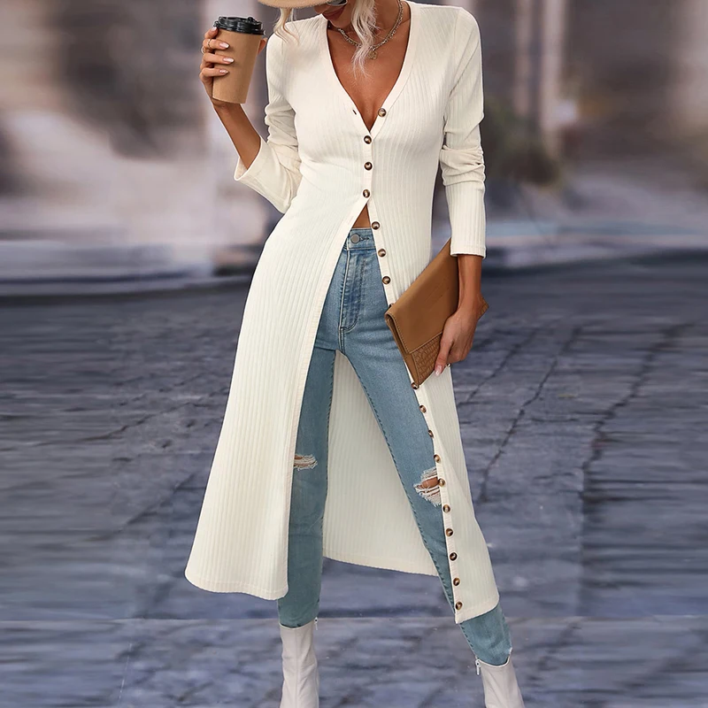 

Early Autumn Long Sleeve V-neck Long Dress Women Slim Vintage Solid Cardigan Dress Shirts Sexy Single Breasted Rib Thin Dresses