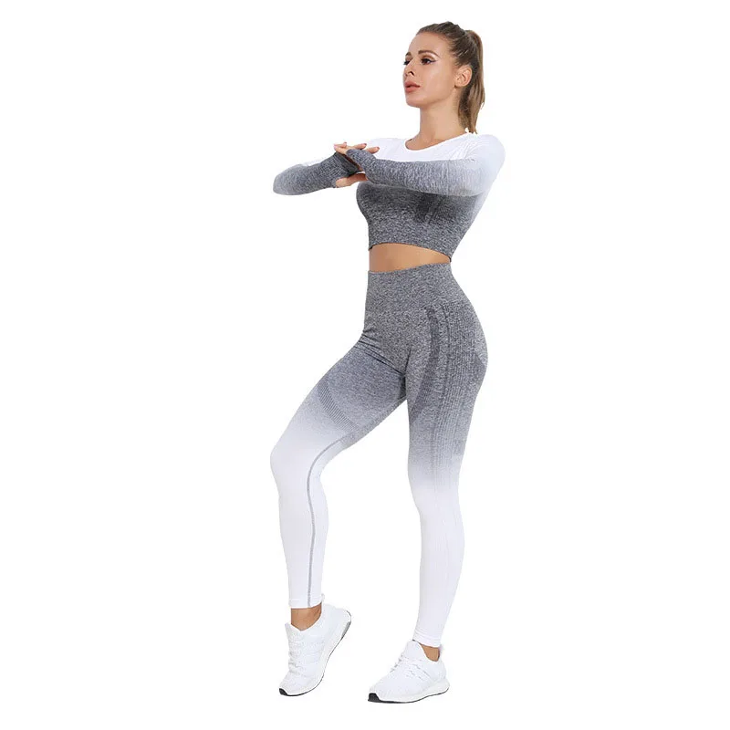 Women Sportswear Trends Autumn Winter Yoga Suit Seamless Gradient Tight Long Sleeve Long Pants Supportive Sports Bras Tops Sets