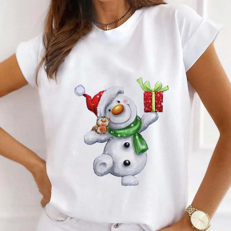 

Christmas Theme Printed Women's Loose Short Sleeved T-shirt Base Women Clothes