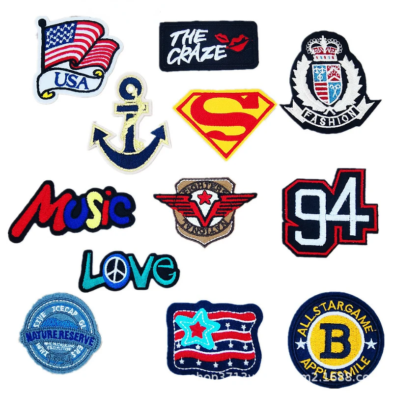 

50pcs/Lot Stick-on Anime Embroidery Patch Love Flag Anchor Music Letter Shirt Bag Clothing Decoration Accessory Craft Applique
