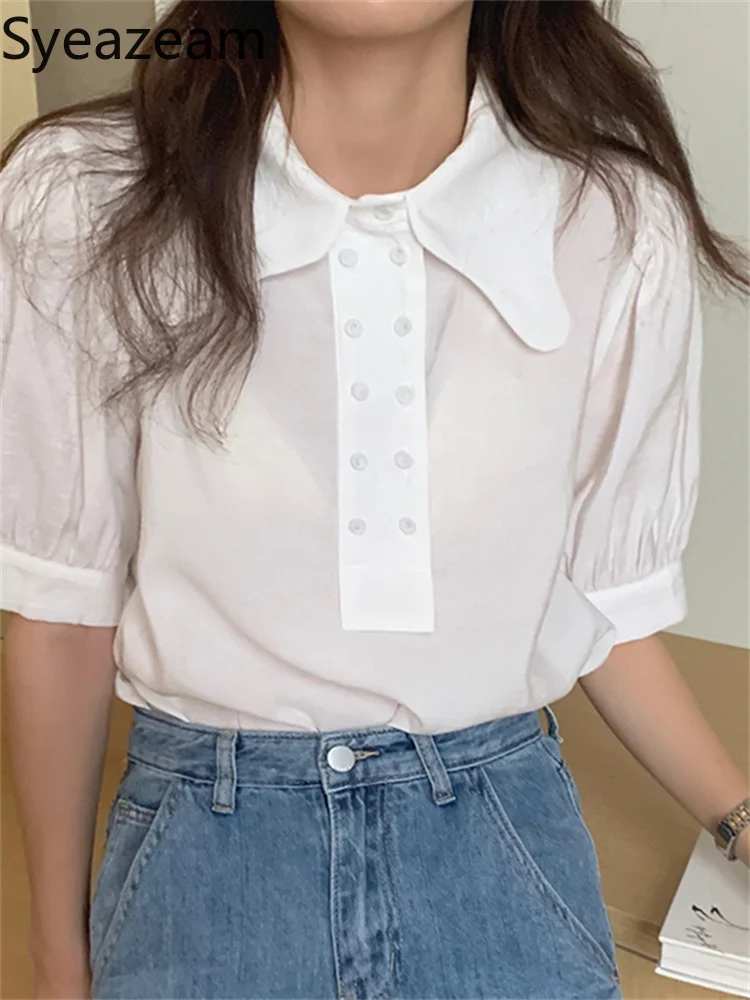 

Syeazeam Chic Retro Niche Shirt Ladies Irregular Lapel Loose All-match Double Breasted Puff Sleeves 2022 Summer Blouse Women