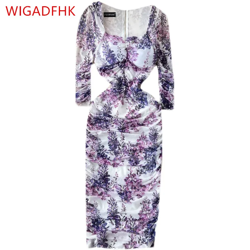 

Floral Print Wrap Hip Pleated Dress Elegant Women Long Sleeve Slim Fit Mini Dress Sexy Ladies Square Neck Skinny Pleated Dress