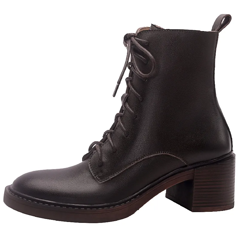 

Dilalula Four Season Outdoor Women Ankle Boots Fashion Cross-Tied Thick Heels Genuine Leather Zipper Shoes Woman Working Casual