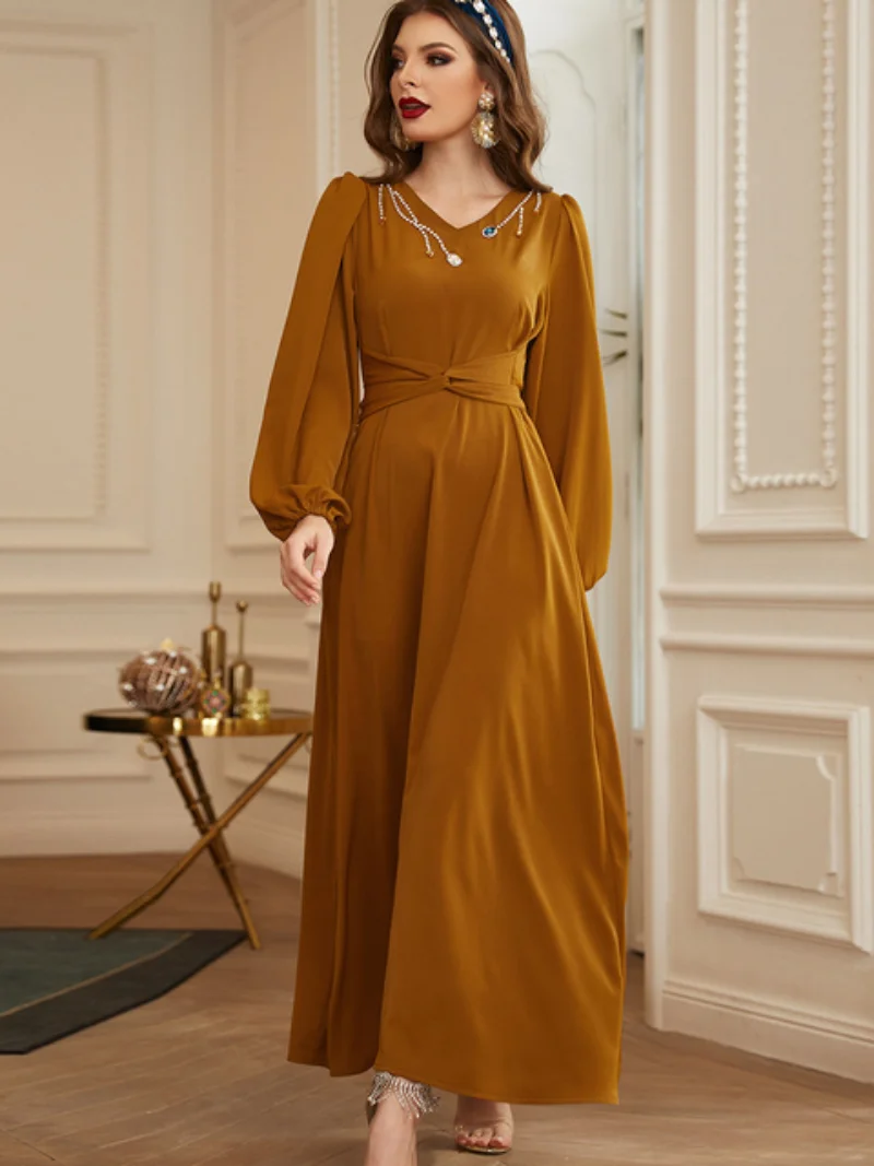 Abaya Dubai Woman 2022 V-Neck Rhinestone Belted Kaftan Long Sleeve Party Dresses Solid CoLor Robe Turkey Islamic Clothing