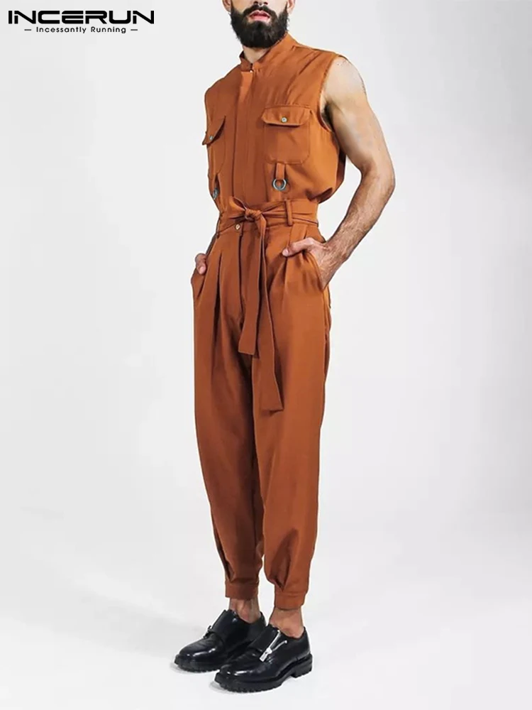 

INCERUN Men Jumpsuits Solid Lapel Sleeveless Streetwear Multi Pockets Casual Rompers With Belt 2022 Fashion Cargo Overalls Men