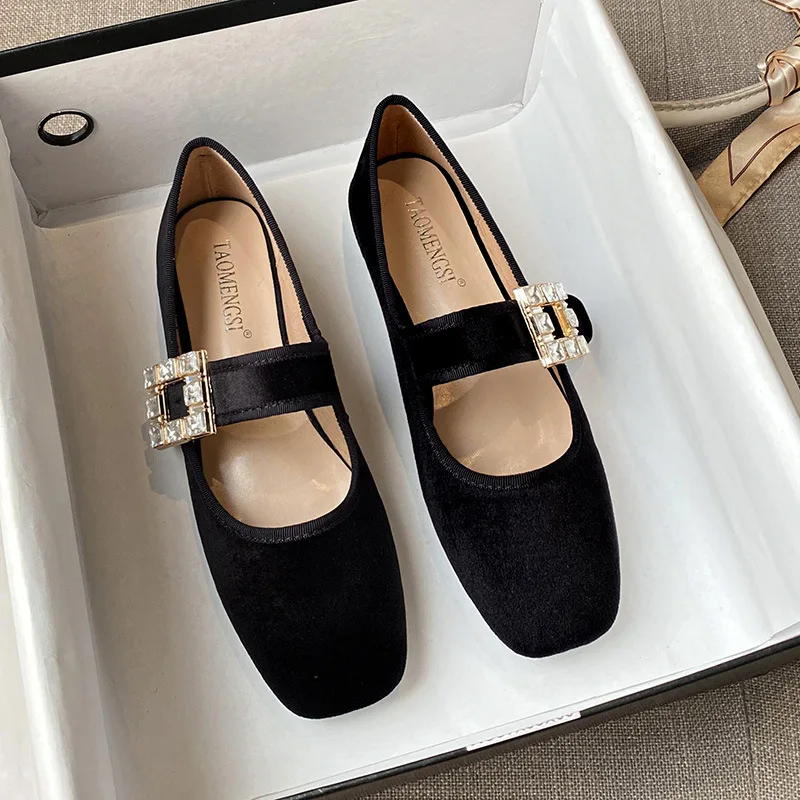 Corium Shoes Mary Jeans Woman Velvet Med-High HeelsandFlats Heeled Loafers Crystal Leather Belt Strap Ballets Femme Chaussure