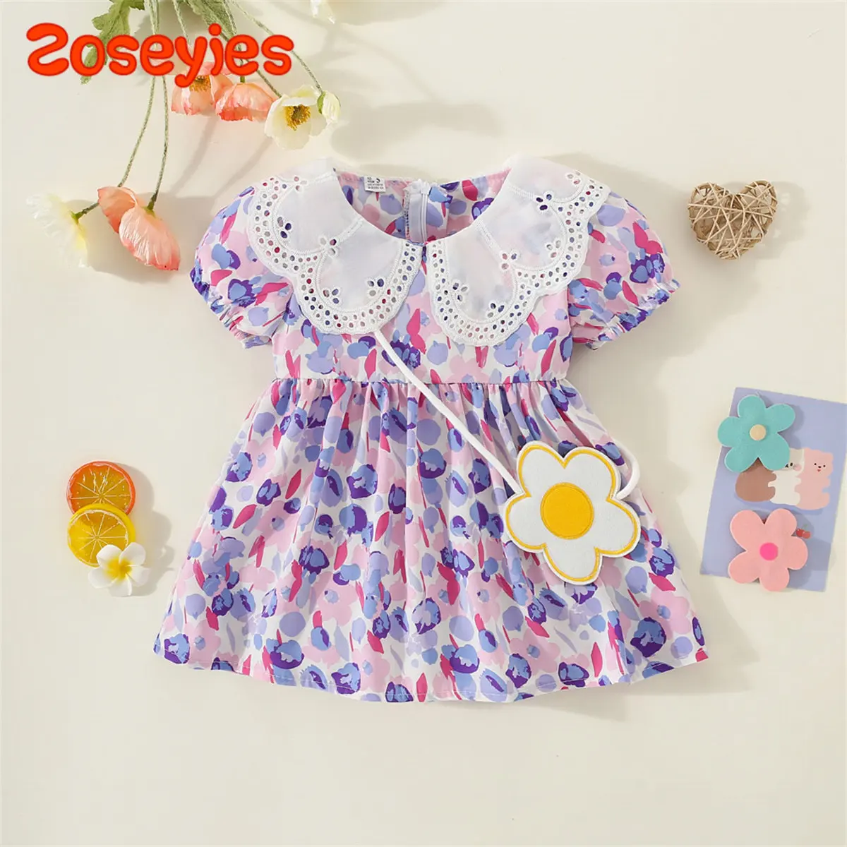 

Летнее платье для девочек, новинка, детская шифоновая повседневная одежда с принтом тюльпана, отложным воротником и короткими рукавами до колен + Цветочная сумка, 2 шт./комплект