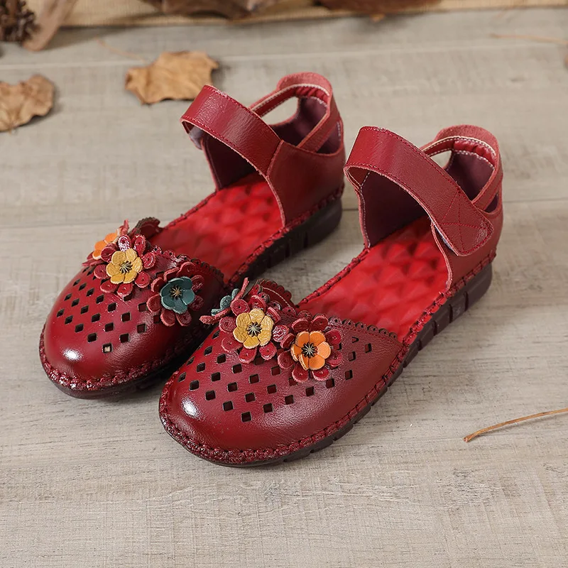Plus Size 42 Women's Genuine Leather Flats Casual Summer Mary Janes Shoes Retro Sewing Sandals Ladies Flower Cut-outs Loafers