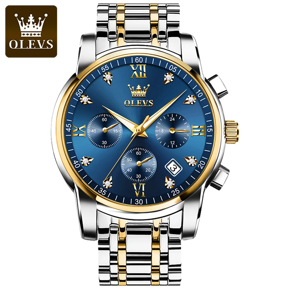 

OLEVS 2858 Stainless Steel Strap Quartz Watches for Men Multifunctional Three-eye Business Waterproof Men Wristwatches Calendar