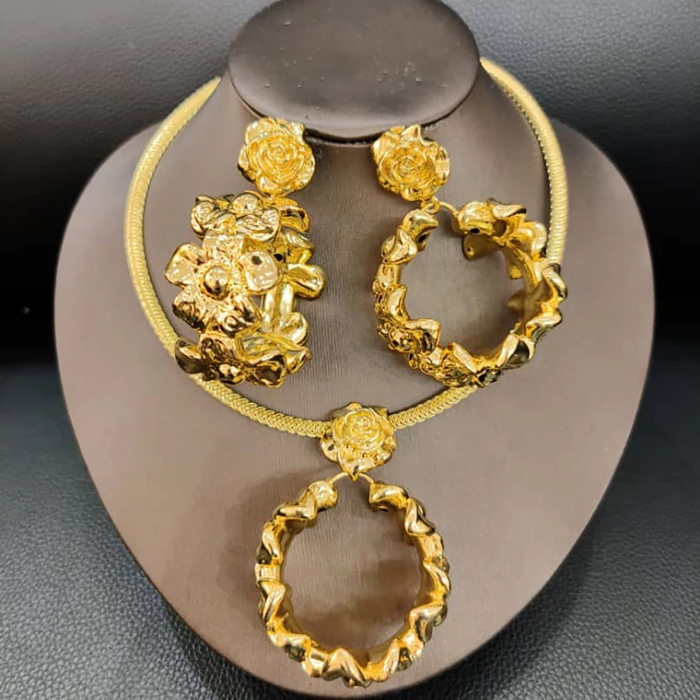 

Dubai Gold Color Jewelry Sets For Women 3 Pcs Large Hoop Earring And Necklace Women Weeding Party Accessories