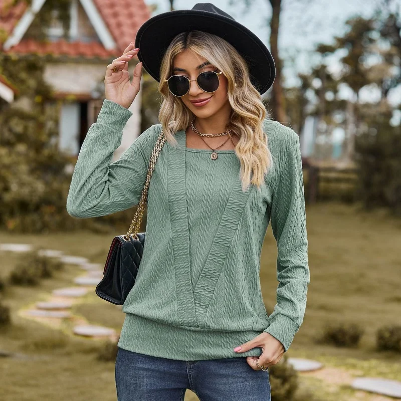 

Women Solid Color T-Shirts Fake Two Piece Design Square Collar Long Sleeve Autumn Winter Casual Loose Pullovers Tops Sweater