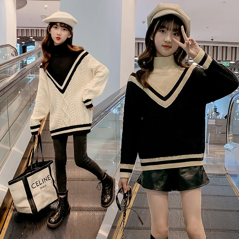 

Pullover Big V-neck Knitting Sweater for Children's Wear Girls' Autumn and Winter Sweater 2022 New Leisure High Neck Sweater