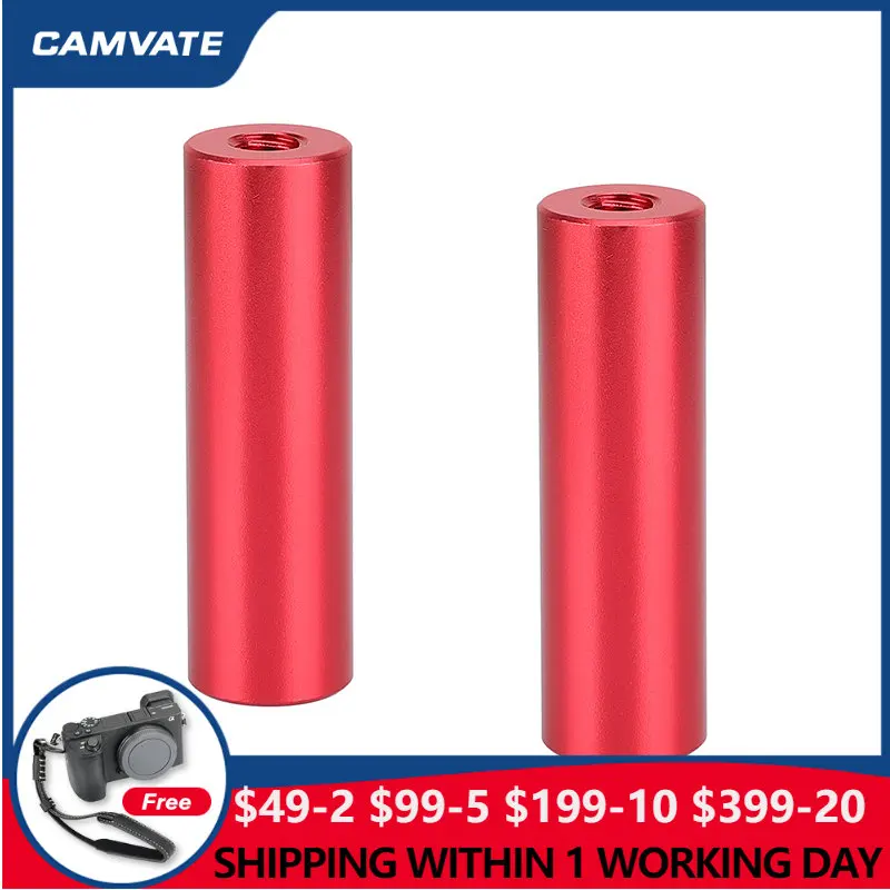 CAMVATE 2 Pcs Aluminum 2" Standard 15mm Micro Rods Red / Black With Double-ended 1/4"-20 Female Threads For Camera Shoulder Rig