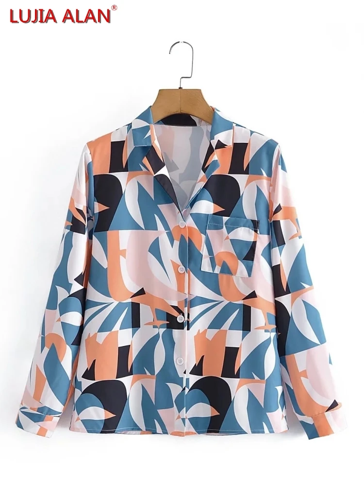 

Women Patchwork Print Tailored Collar Shirt Summer Female Long Sleeve Blouse Loose Tops Streetwear LUJIA ALAN B287