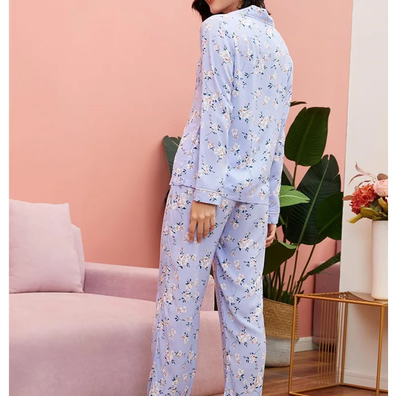 100% Viscose Sleepwear WInter Women Pajamas Set Two Pieces Set Pajamas Pjs Full Sleeve Flower Print NIghtwear Pijamas