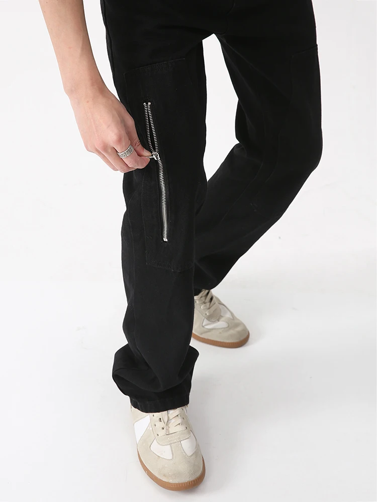New Men's Baggy Jeans Cross Zipper Design Fashion High Street Trouser Washing Hole Streetwear Straight Patchwork Jeans Denim