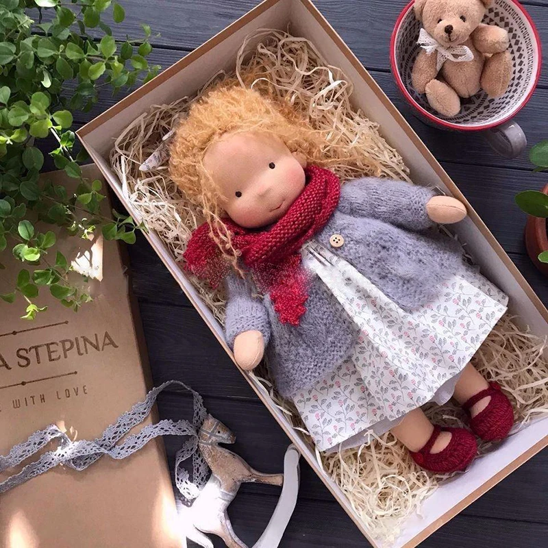 

12inch Girl Plush Doll Waldorf Handmade Soft Stuffed Doll Girl With Golden Curly Hair Best Gift For Kid Kuromi Cloth Kawaii Toys
