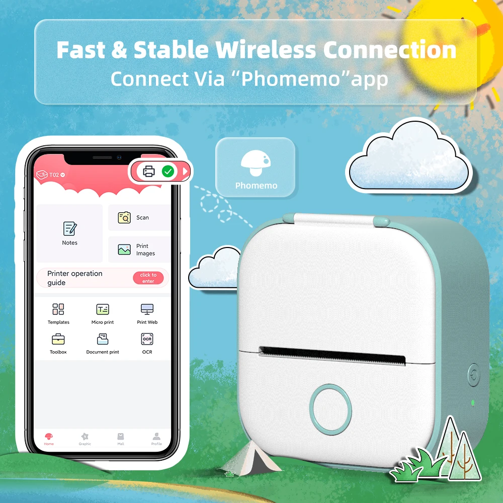Портативный термопринтер Phomemo T02 печать фото Карманный Термопринтер для этикеток