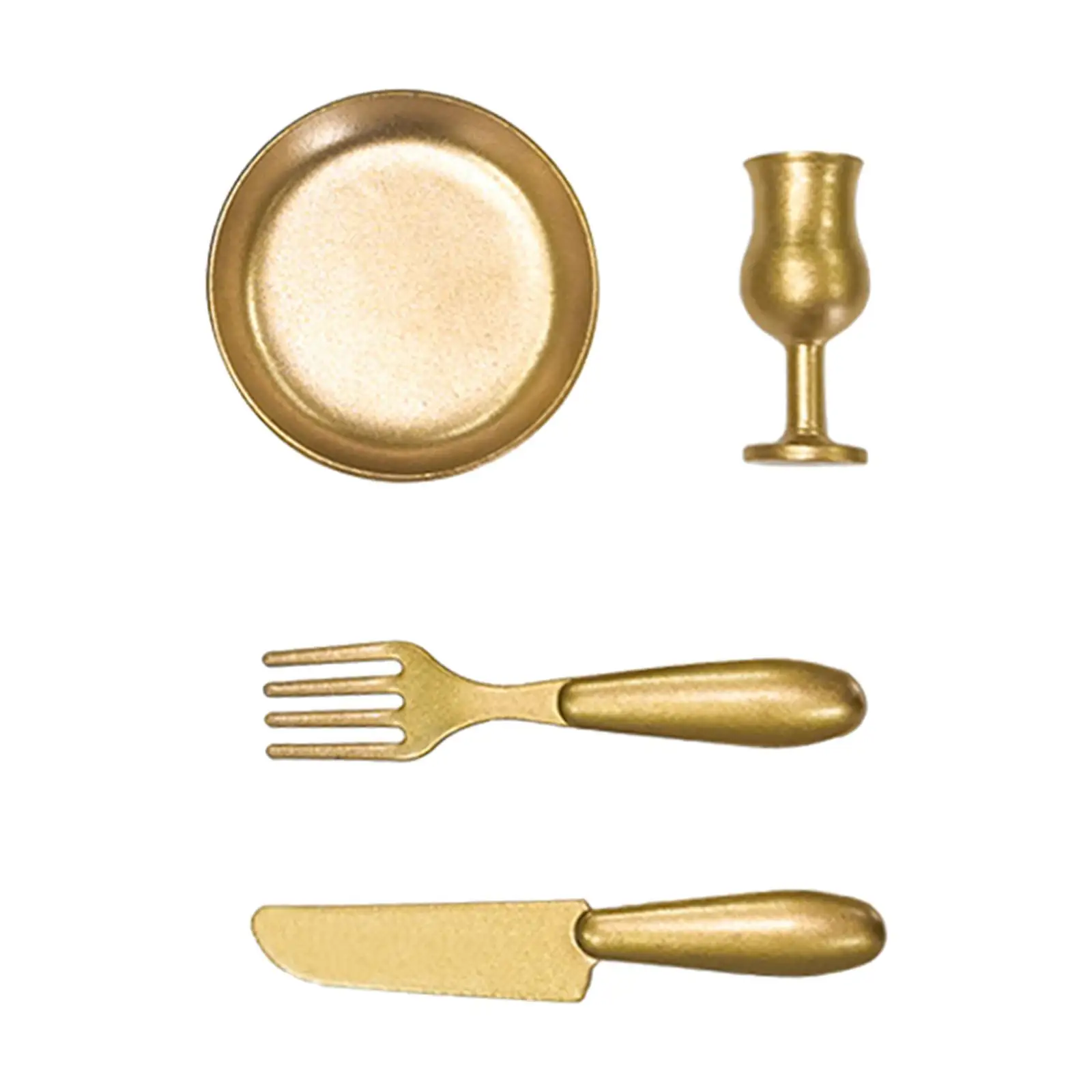 4x 1:12 Scale Mini Gold Plate Fork Cup Tableware Set Baby Doll Decor