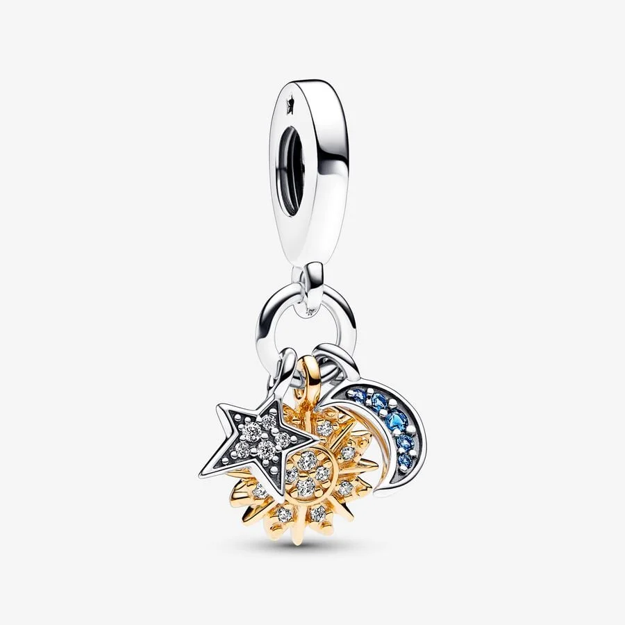 

2023 New 925 Sterling Silver Two-tone Celestial Triple Dangle Charm Fit Europe Pandora Bracelet Pendant DIY Jewelry