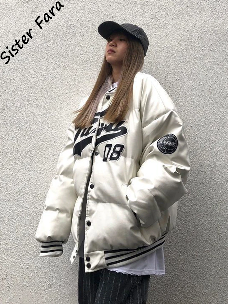 Sister Fara Pu Leather Embroidery Winter Parka Women Casual Single Breasted Cotton Padded Jacket Loose Fashion Harajuku BF Coat