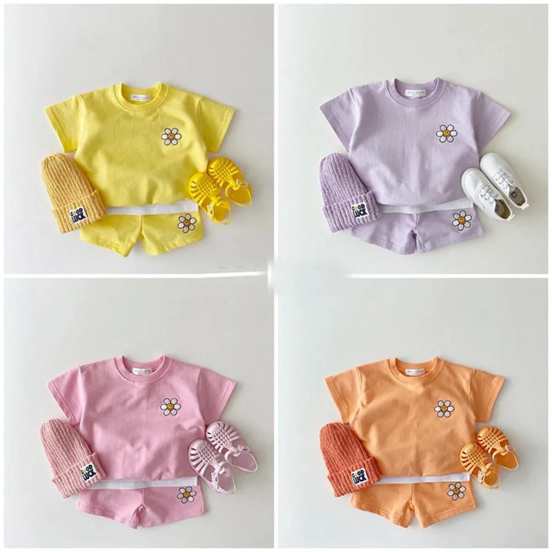 

Summer New Baby Boys Girls Flower Clothes Sets Cartoon Solid Comfortable Short Sleeve Tops + Kid Cotton Casual Shorts 2pcs Set