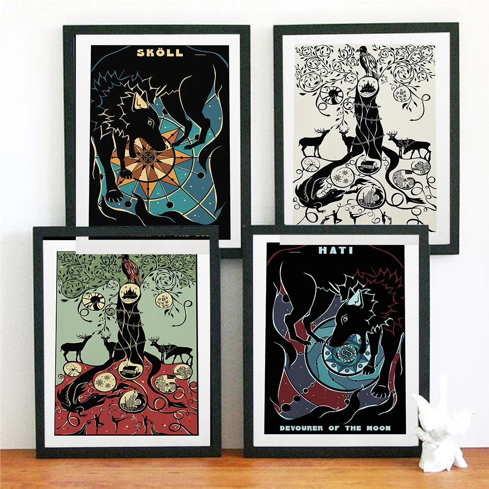 

Greek Mythology Goddess Poster Canvas Painting Literature Art Retro Sun Moon Devourer Wolf Tree Of Life Wall Travel Nordic Decor