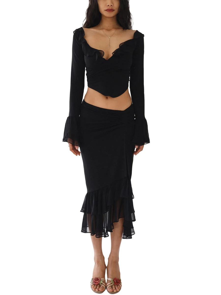 

New Womens Summer Skirt 2Pcs Suit Solid Color Long Sleeved Ruffled V-Neck Cropped Tops + Low Waist Fish Tail Slit Long Skirt
