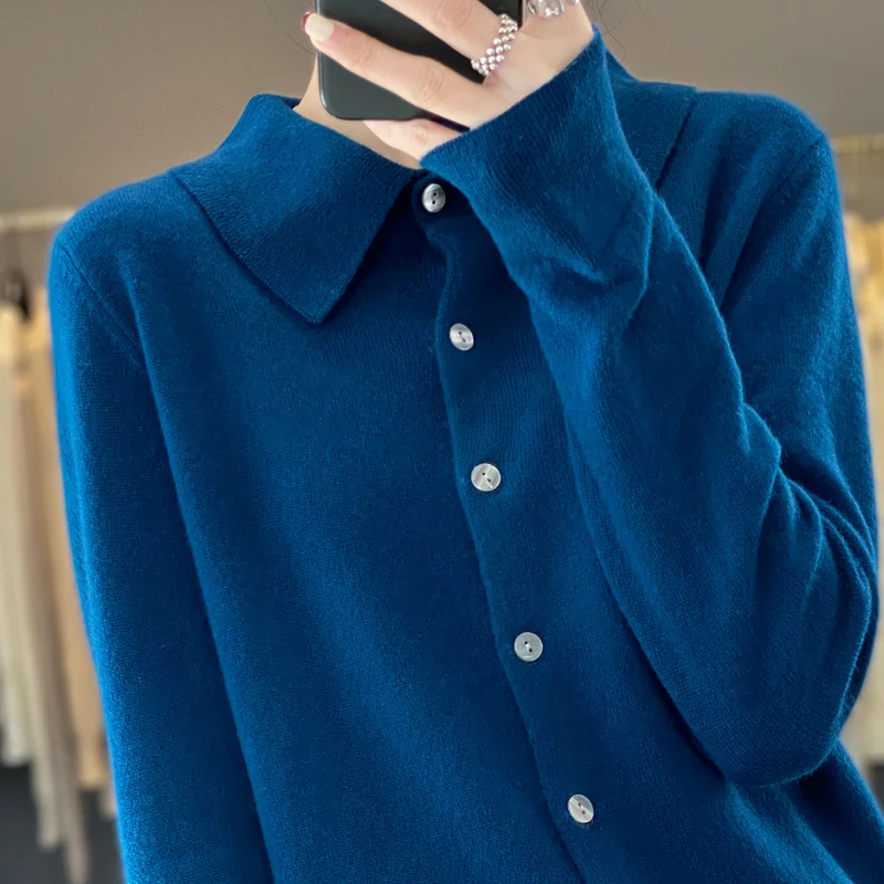 Женский шерстяной вязаный кардиган свободный свитер-поло с воротником