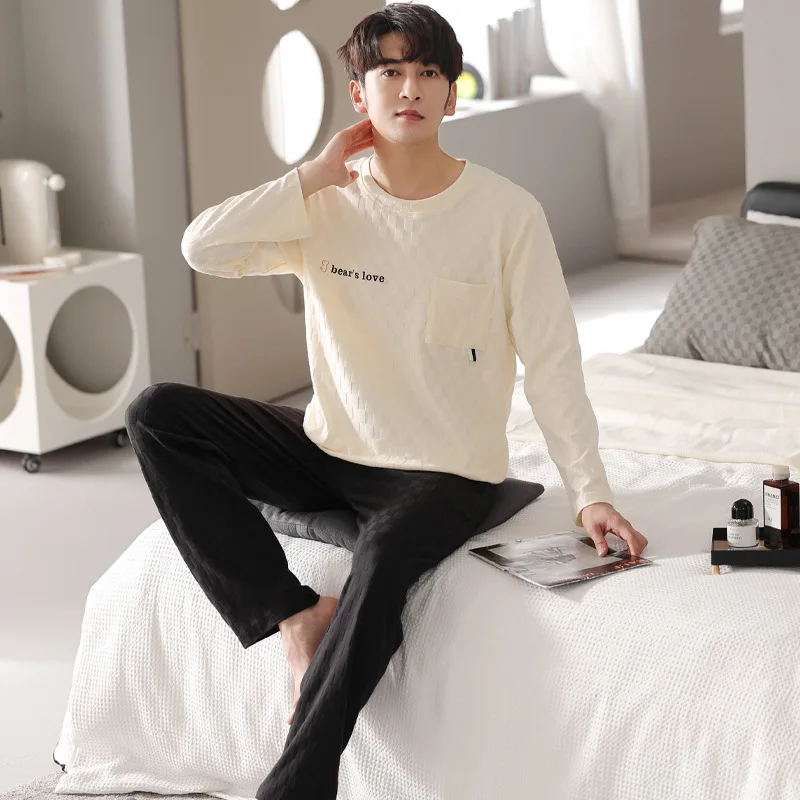 Yasuk Spring Autumn Women's Casual Soft Sleepwear Homewear Couple Pajamas Set With Pants Cotton Simple Solid Bow Unisex