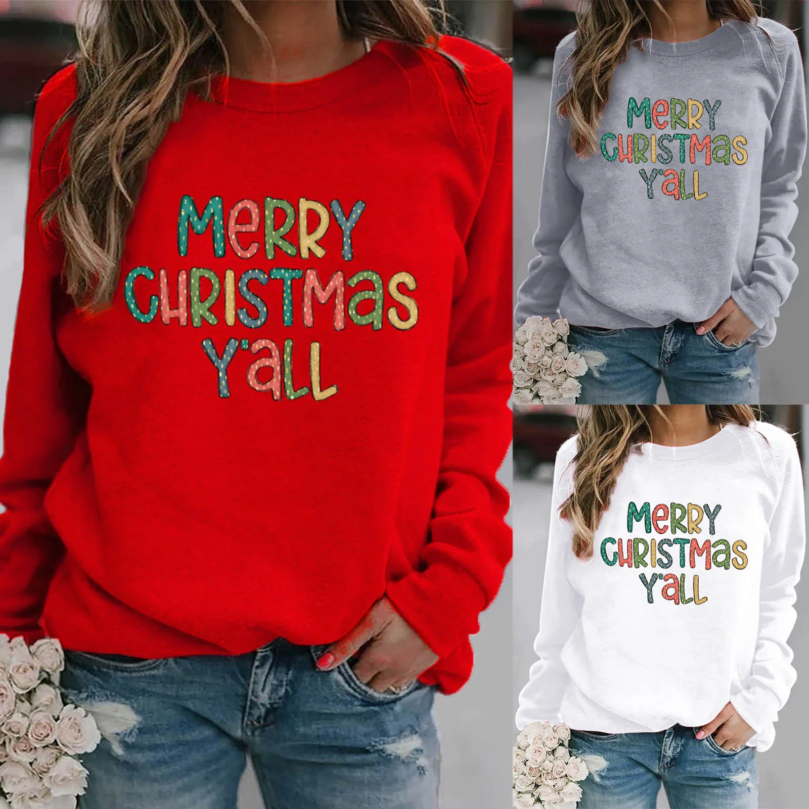 

Shirt Sleeve Christmas Casual Print Round Pullover Women's Blouse Long Top Neck Women's Blouse Long Sleeve Tees for Women Pack