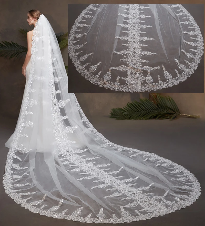 

New White Ivory Bridal Veil Headwear one Layer 3M Sequins Lace Edge Long Mariage Cathedral Wedding Veil With Comb Velos de novia