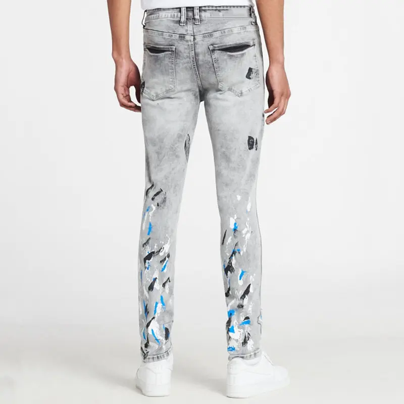 Trend Streetwear Mens Jeans Hip-hop Ripped Tight Fashion Splash-ink Casual Male Trousers Full Length Denim Pants