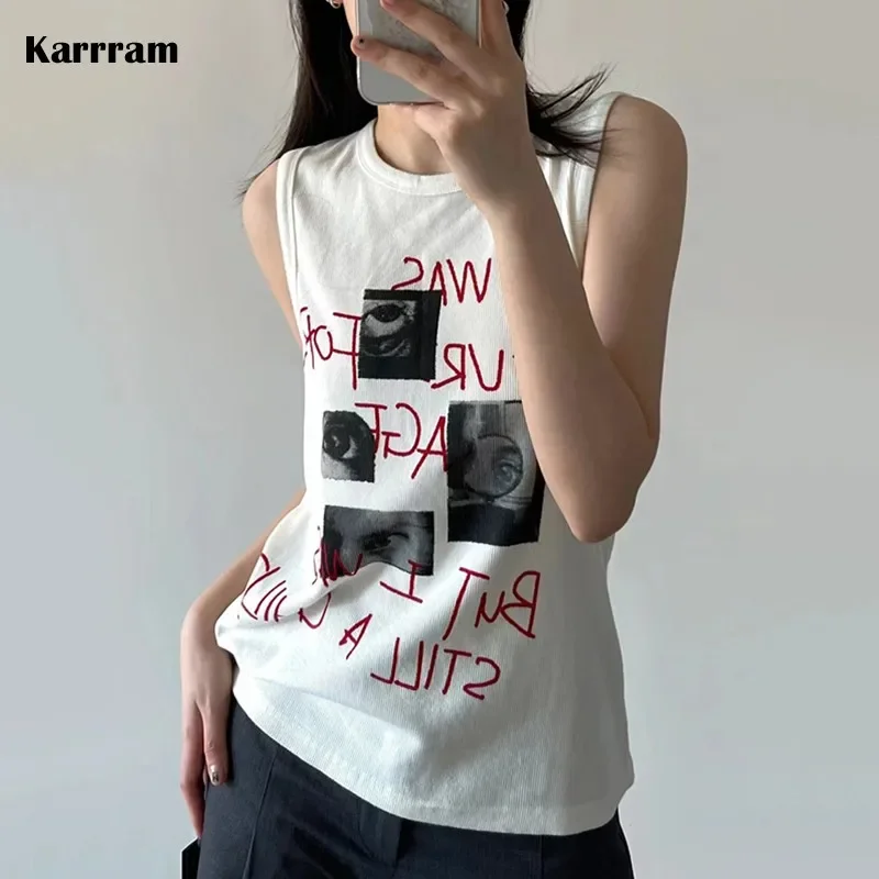 Karrram винтажные гранж ребристые майки корейские модные графические трикотажные