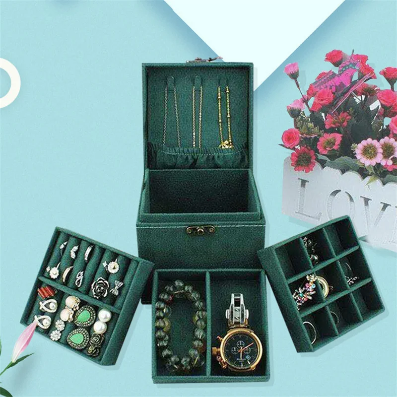 Vintage dark green jewelry box elegant Large capacity jewelry earrings ring jewellery storage boxes necklace organizers storage