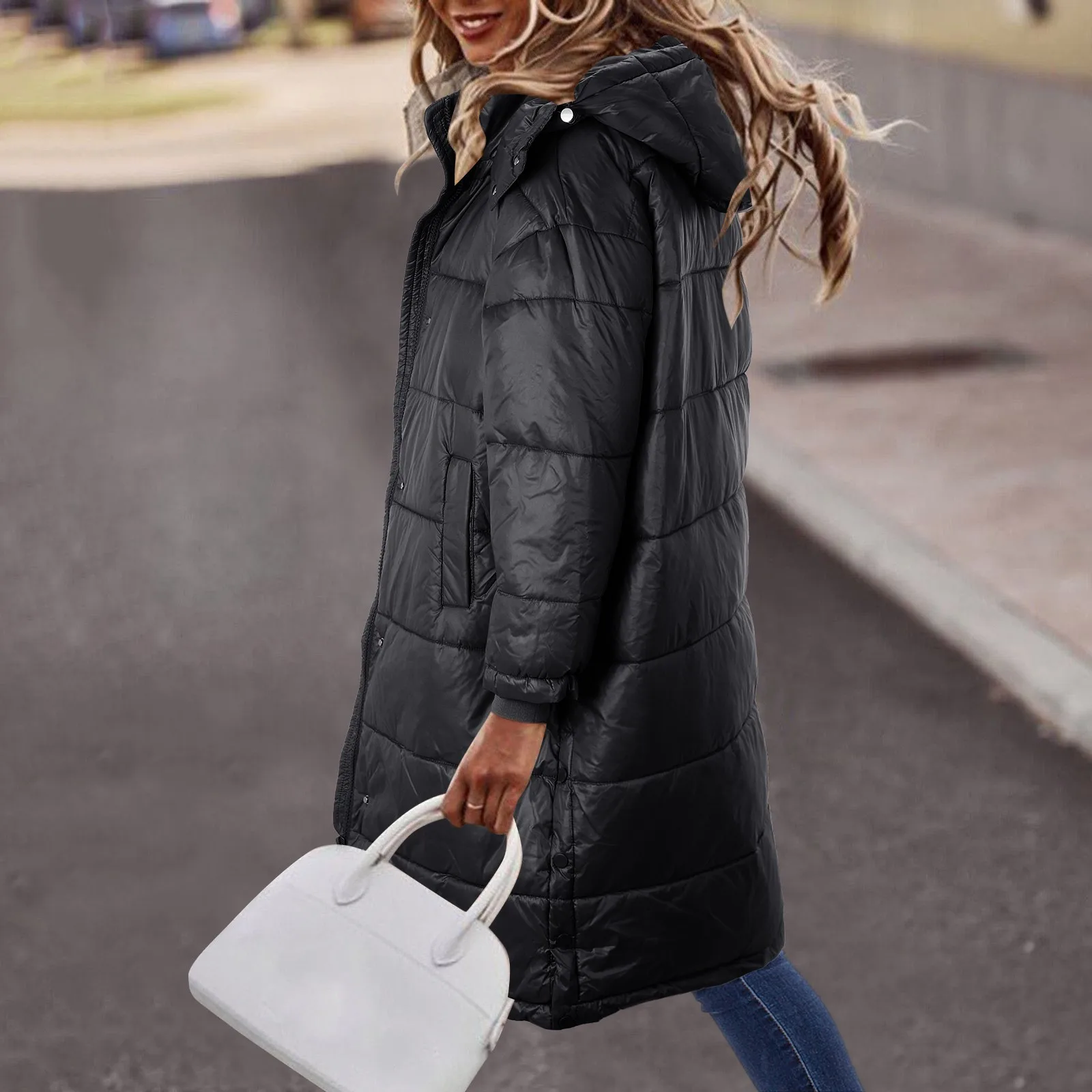 2022 Down Cotton Jacket Women Thickened Loose Fashion Live Cap Satin Surface Down Coat Casual Warm Winter Coat Outwear